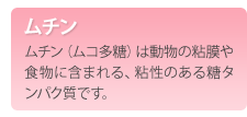ムチン　ムチン（ムコ多糖）は動物の粘膜や食物に含まれる、粘性のある糖タンパク質です。