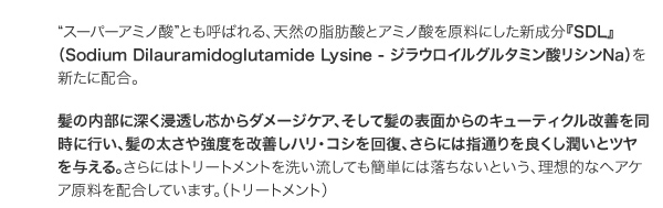 髪の内部に深く浸透し芯からダメージケア、そして髪の表面からのキューティクル改善を同時に行い、髪の太さや強度を改善しハリ・コシを回復、さらには指通りを良くし潤いとツヤを与える。