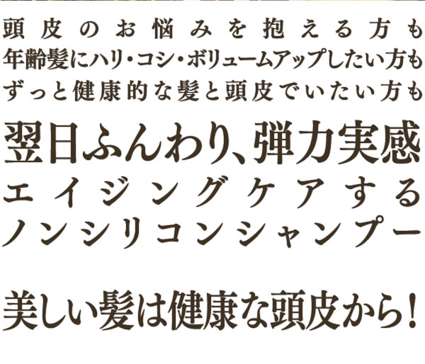 頭皮のお悩みを抱える方も年齢髪にハリ・コシ・ボリュームアップしたい方もずっと健康的な髪と頭皮でいたい方も翌日ふんわり、弾力実感!エイジングケアするノンシリコンシャンプー